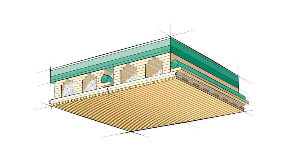 Schematische Darstellung und Aufbau eines Deckenbauteils made of LIGNO® aus Holz