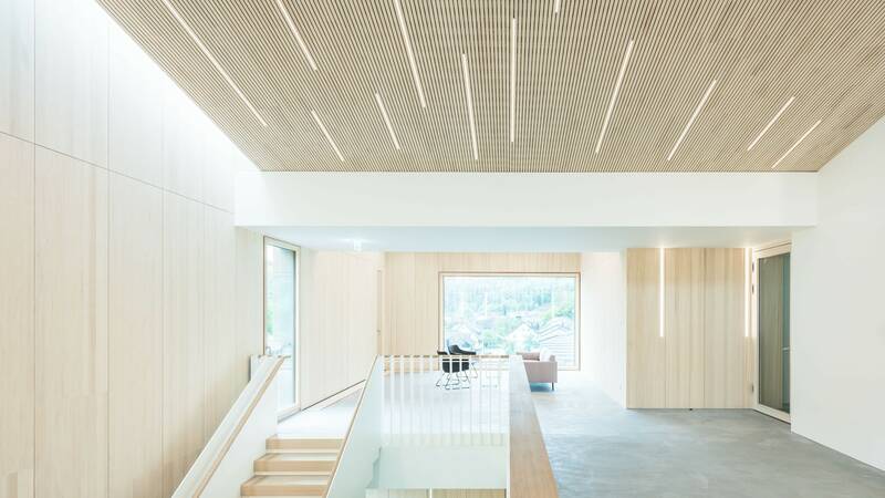 LIGNO® Dachbauteile mit Akustikprofil und Wandbauteile | integrierte LED-Lichtleisten | EWS Schönau