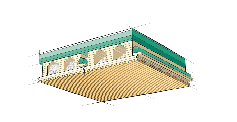 Schematische Darstellung und Aufbau eines Deckenbauteils made of LIGNO® aus Holz