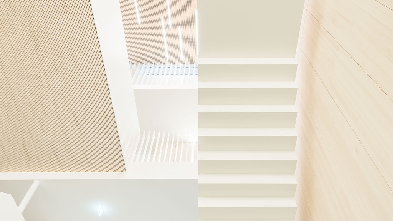 Die weiße Treppe hebt sich fast skulpturartig von der hellen Weißtannen Wandverkleidung made of LIGNO® ab. 
