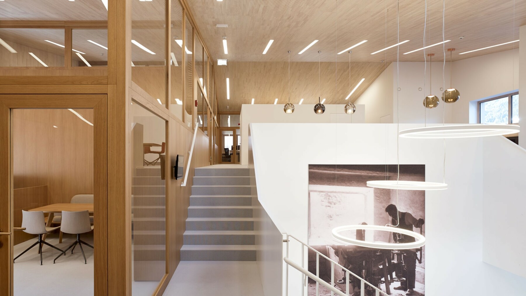 Die Büros im Obergeschoss werden verbunden durch die akustisch wirksame Sichtholzoberfläche aus Weißtanne an der Unterseite des Satteldachs. 