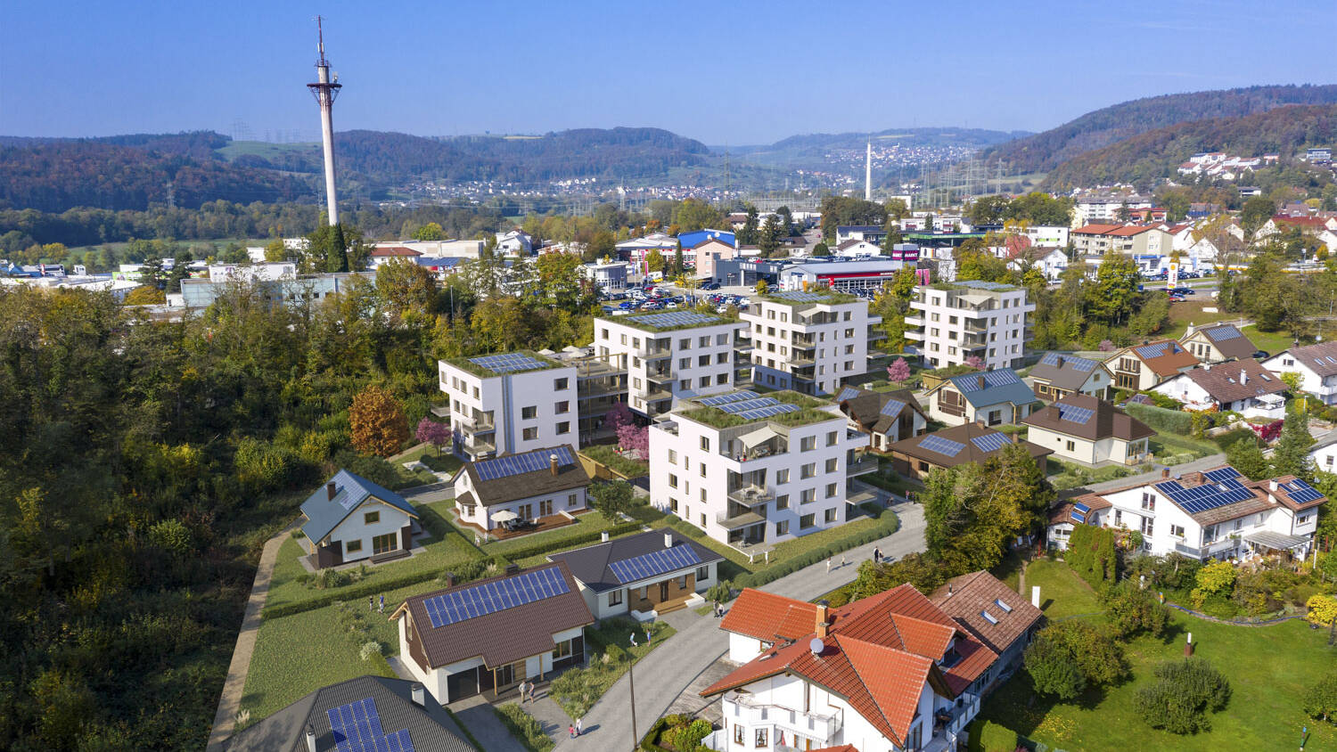 Die vier neu errichteten fünfgeschossigen Mehrfamilienhäuser wurden in komplett ökologischer Holzbauweise in Waldshut Tiengen am Kaltenbach errichtet.